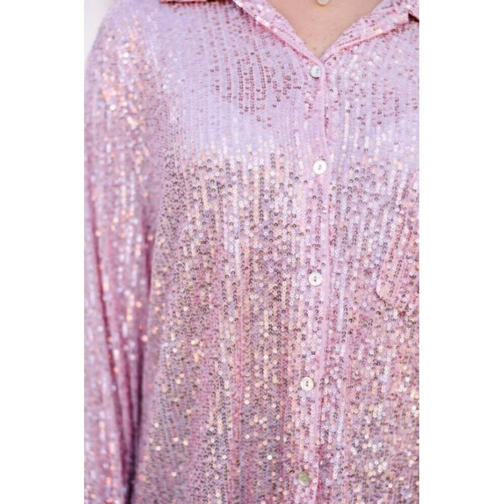 Life's a Party Sequin Button-Up Shirt in Rose Pink - Picture 7 of 12